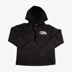 Black lightweight pullover hoodie with white Filthy Professionals script logo on left chest – front flat lay