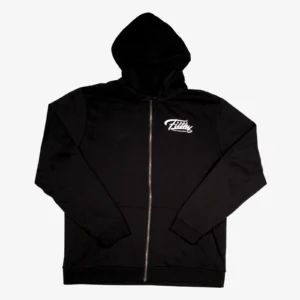 Black full zip-up streetwear hoodie with white Filthy Professionals script logo and gunmetal zipper – front flat lay