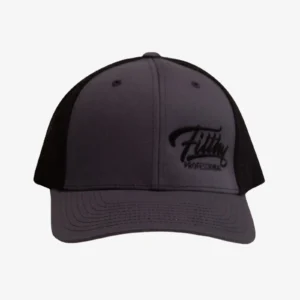 Charcoal and black embroidered mesh trucker cap by Filthy Professionals – front view